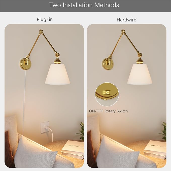 Plug in Wall Sconce, Gold Adjustable Swing Arm Wall Lamp, 1 Pack | Fabric Lampshade, Plug-in or Hardwired, E26 Base, 6.6FT Plug-in Cord, Knob Switch, Living room, bedroom, study room, office