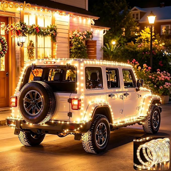 Rope Lights Outdoor, 2 x 100LED Warm White Battery String Lights | Rope Lights Outdoor with 8 Modes Remote&Timer, Waterproof Battery Operated Camping Lights for Car Trampoline