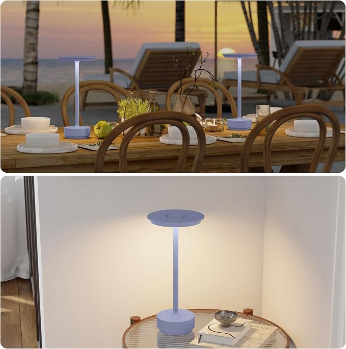 TBBGA 2 Pack Rechargeable Table Lamps Cordless, 5000mAh Outdoor Table Light | 3 Color Stepless Dimming Portable LED Table Lamp with Memory Function, for Home/Dinner/Patio/Restaurant.(Light Purple)