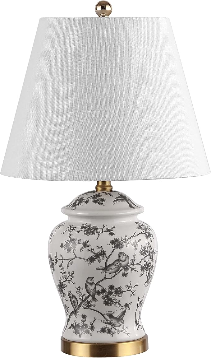 JONATHAN Y Penelope Ginger Jar 22" LED Table Lamp, Gray/White | Chinoiserie, Ceramic Metal Construction, French Country Traditional, Linen Empire Shade, Brass Gold, LED Bulb Included