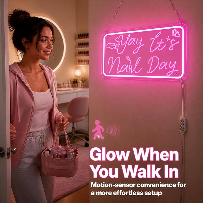 Pink Neon Sign, Yay It's Nail Day LED Neon Light Sign with Motion Sensor & 3-Key Dimmable Mode, USB Powered Neon Signs for Wall Decor, Nail Salon Decor, Nail Room Decor, Teen Girl Room Decor, Stylish Nail Tech Gifts for Women