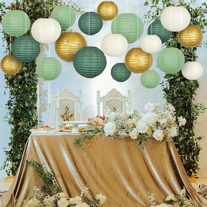 21-Pack Sage Green Paper Lanterns, Gold Round Hanging Decorations | Set for Graduation, Wedding, Bridal Shower, Birthday, Neutral Baby Celebration & Classroom Decor, 4/6/8/10 Inches