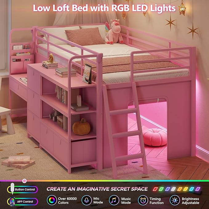 DICTAC Low Loft Bed with Desk and 6 Storage Drawers Twin Loft Bed with Bookshelf,LED Lights & Under-Bed Play Space,Twin Beds for Girls with 13.8''H Safety Guardrail,Inclined Ladder & Play Curtain,Pink