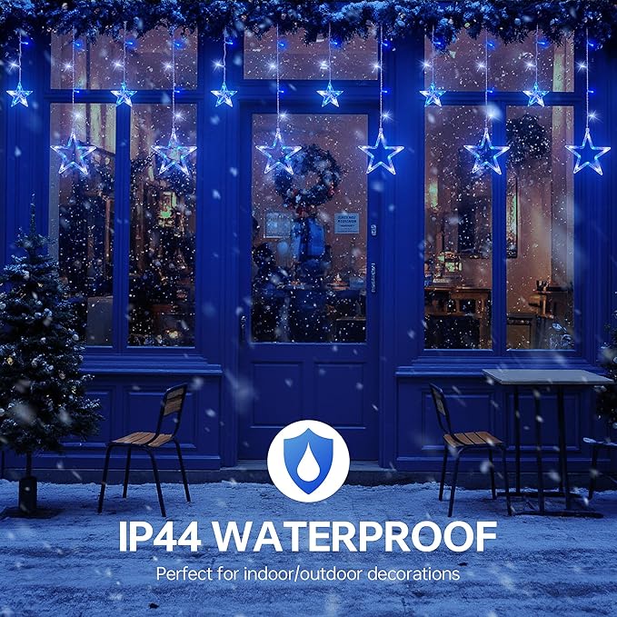126L Blue White Christmas Star Icicle Lights, 8.2FT Clear Curtain Fairy String with Connectable, Timer 8 Modes Memory, Waterproof Hanging for Eaves, Party, Wedding Indoor Outdoor Decorations