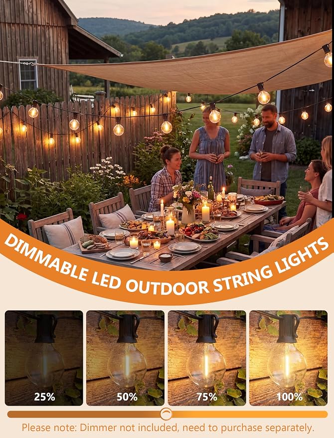 100FT G40 LED Outdoor String Lights, Patio Globe Lights with 52 Shatterproof LED Bulbs, Waterproof Dimmable Hanging Lights, Connectable Black Wire Bistro Lights for Backyard Porch Garden Party Café
