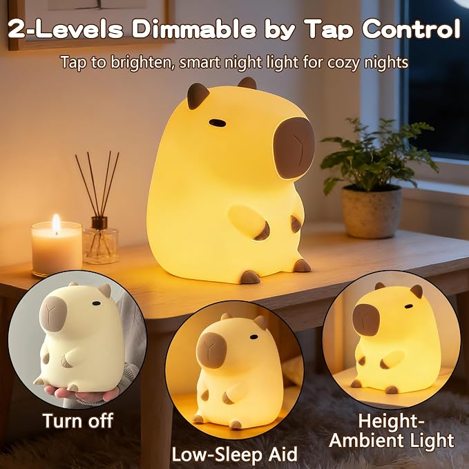 FAMIDUO Capybara Night Light for Kids,Safe Squishy Silicone Nursery Light | BPA-Free Silicone,20Min Timer,Dimmable Rechargeable Touch Bedside Lamp, Cute Gifts for Boys Girls Toddler, Kids Room Decor