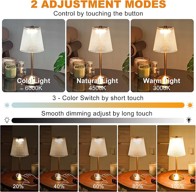 Cordless Table Lamp, 4000mAh Rechargeable Battery Operated Lamp, 3 Color Modes & Stepless Dimmable LED Touch Lamp, Portable Crystal Metal Beside Lamps for Bedroom Restaurant Outdoor(Black) | 2000mAh Battery Operated, 3 Color Modes, Dimmable LED Touch B...