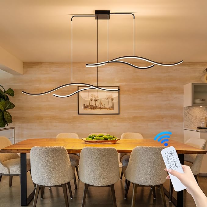 Mayful LED Chandelier, Modern Chandelier with Remote Control, Dimmable 3000K-6000K Adjustable Temperature, Height Adjustable Kitchen Island Pendant Light for Dining Room, Living Room Black 64.2 inches
