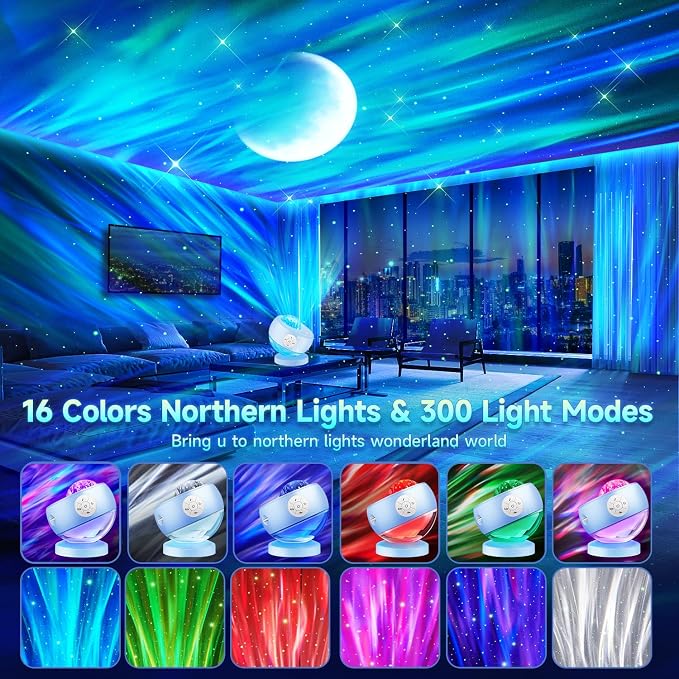 Iceberg Northern Lights Projector, Blue Galaxy Projector with Iceberg Base | 300+ Aurora Effects, 15 White Noise, Bluetooth Speaker, 360° Rotation, Remote Control, Timer, Bedroom Decor