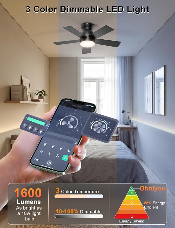 Ohniyou 32'' Low Profile Ceiling Fan with Lights, Remote/APP Control, Black | Flush Mount, Dimmable 3CCT LED, Quiet DC Motor; Memory Function, Small Ceiling Fan for Indoor Bedroom Kitchen Nursery