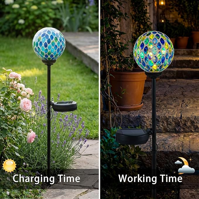VCUTEKA Decorative Solar Garden Lights, 3.5" Mosaic Globe Outdoor Stake | Mosaic Glass Globe Design, Solar LED Light, Waterproof Design, Auto On/Off and Metal Stake Design for Lawn and Patio