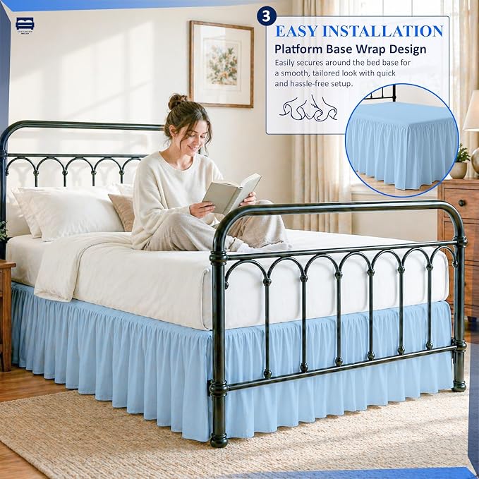 Cottingon Ruffled Bed Skirt with Split Corners-Dust Ruffle - 14" Drop 100% Microfiber Soft,Sheen & Luxurious Look - Bed Skirts (Light Blue -Twin)