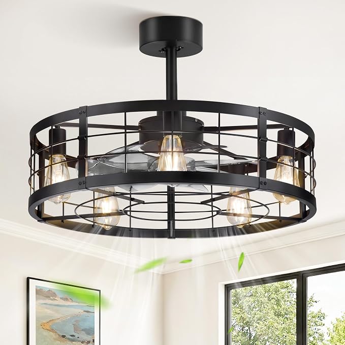 LEDIARY 26 inch Fandelier Caged Ceiling Fan with Light and Remote, Black | 6 Speed Adjustable,Timing, Quiet & Powerful DC, Large, Farmhouse, Industrial, Enclosed, Bladeless, Bedroom, Kitchen, Downrod