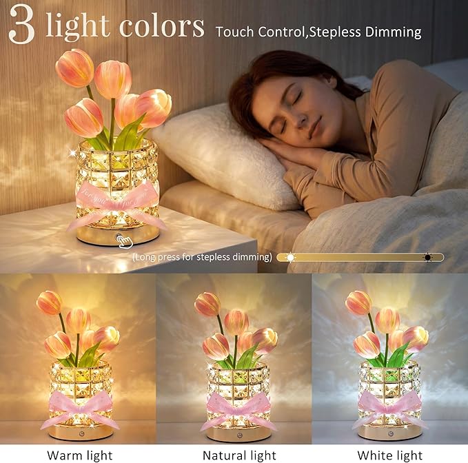 Tulip Flower Lamp, Mothers Day Gifts | USB Rechargeable Cordless Night Light | Touch Control | 3-Color Adjustable Dimming | Mother's Day Gift for Mom, Birthday Gift for Women, Home Decor