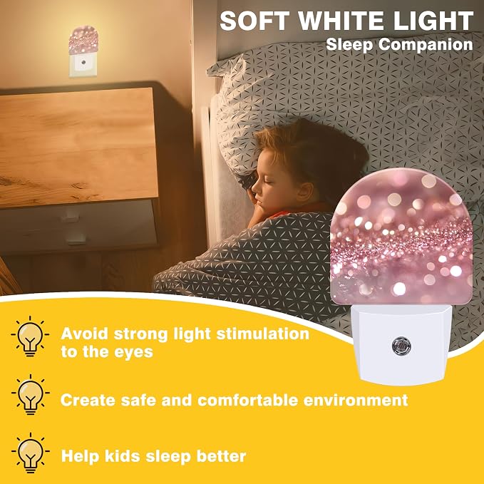 Night Lights Plug into Wall Rose Pink Glitter Night Light Dusk to Dawn Smart Sensor Decorative Round Led Lamp for Bedroom Kitchen Hallway Nightlight for Women Men