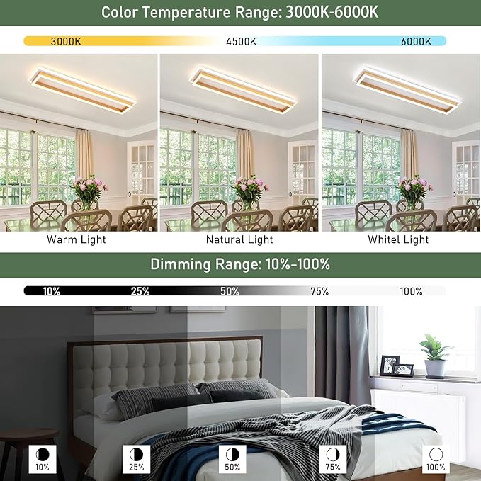Dimmable Led Ceiling Light with Remote Control 31.5in Modern Linear Flush Mount Ceiling Lighting Fixture Acrylic Long Ceiling Lamp for Living Room Kitchen Dining Room Hallway (Gold)