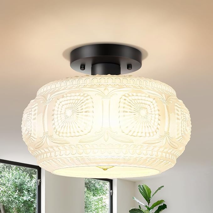 Semi Flush Mount Ceiling Light, Upgraded Larger Milk Glass Shade Modern Ceiling Light Fixture, Vintage Black Lighting for Hallway Bedroom Entryway Kitchen Porch
