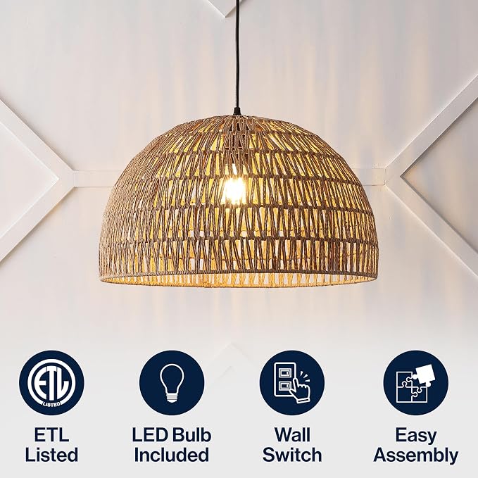 JONATHAN Y Campana 1-Light Pendant Dome Ceiling Lamp, 20", Brown | Modern Coastal Farmhouse Decor, Adjustable Height, Woven Rope Metal Frame, LED Bulb Included, UL Listed