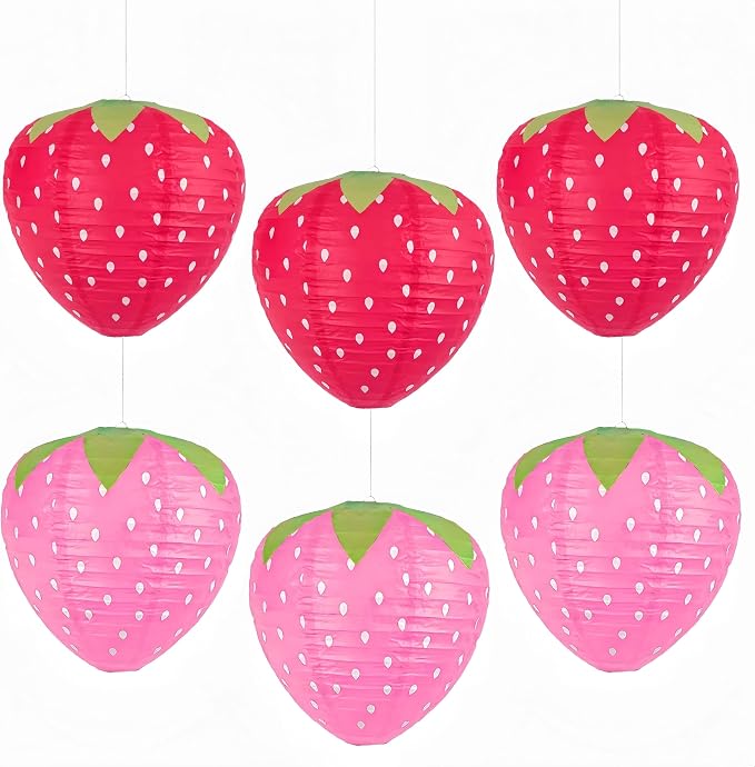 6PCS Strawberry Paper Lanterns, Strawberry Hanging Paper Lantern Decorations Strawberry Decoration Hanging for Room Birthday Party Wedding Garden Decor - 8 Inch, Red&Pink