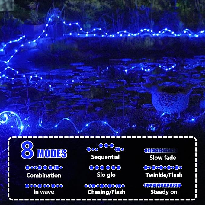 YEGUO Solar Rope Light Outdoor Waterproof, 66ft 200 LED Blue String Lights, 8 Modes Tube Christmas Lights in Clear Thin Tube