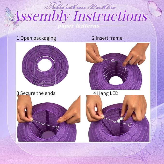 Chinese Paper Lanterns - Pack of 10, 10-Inch Purple/Gold Hanging Lights for Birthday Party Decorations, Ceiling Decor, Rainbow Classroom, Wedding, and Home Party