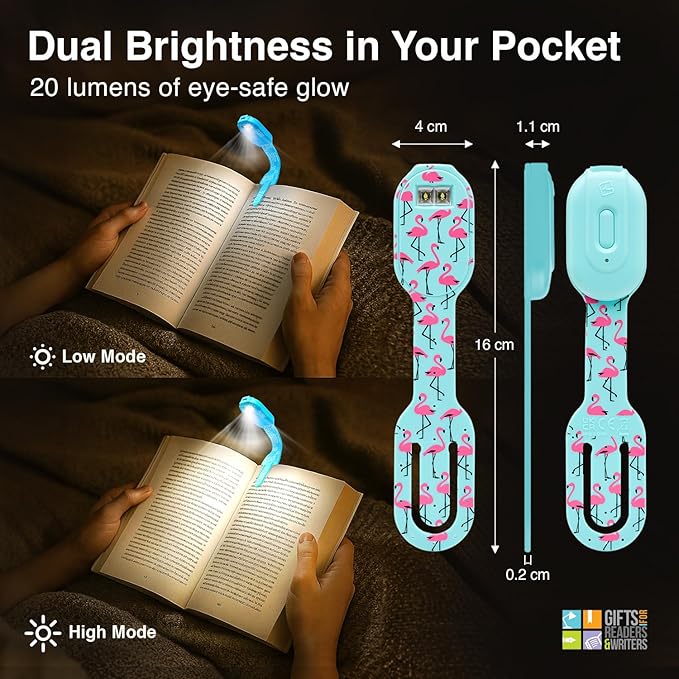 Gifts for Readers & Writers Rechargeable Book Light, Clip On Reading Light for Bed, 2in1 Flexilight & Bookmark, 12 Hours of Light Once Charged, Includes USB Cable & 2 LED Lights, Flamingo
