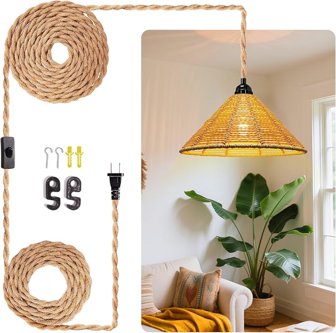 Maliralt Hanging Lamps Rattan Pendant Light - 16.4ft Plug in Cord Hanging Light Fixture Plug Into Wall Outlet Pendant Lighting with On Off Switch for Bedroom Living (Industrial Shade)