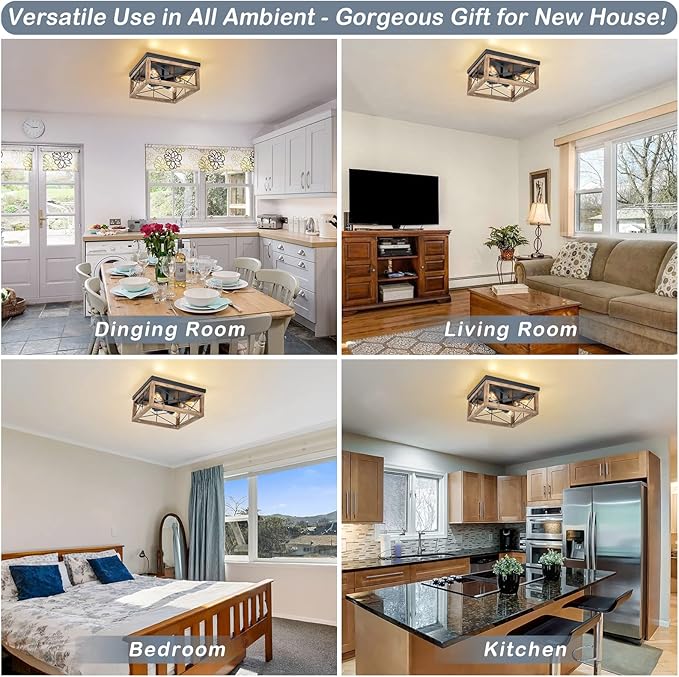 Wooden Flush Mount Ceiling Lights, 4-Light Farmhouse Close to Ceiling Lighting Fixtures Black Ceiling Lamp for Kitchen Island Living Room Bedroom Hallway Laundry Entryway