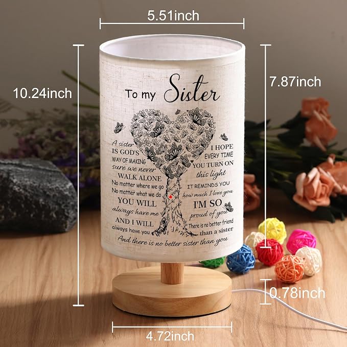WSYEAR Sister Birthday Gifts, Mothers Day Gifts for Sisters Fabric Lamp, Sister's Gift from Sisters Table Lamp with Wooden Stand, Anniversary Wedding Gift for Sister
