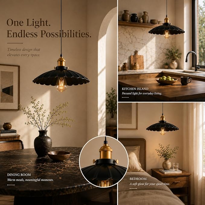 2Pack Kitchen Hanging Lights, Black Hanging Light 13.8 Inch Metal Scalloped Lampshade Farmhouse Pendant Lights Kitchen Island Vintage Pendant Light for Bedroom Bar Sofa