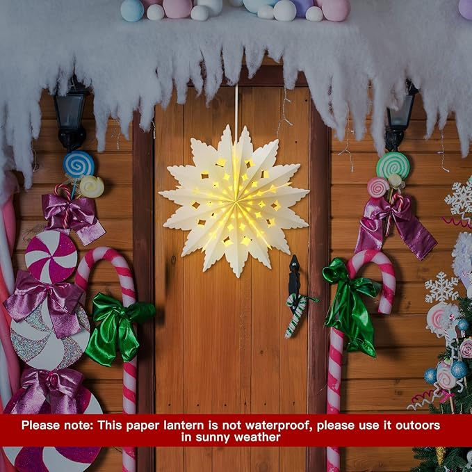 23.6 Inch Christmas Star Snowflake Paper Lantern with Light Timer Paper Lamp Party Supplies Hanging Decoration for Weddings Christmas Trees Birthday Holiday Party Celebration (Elegant Style)
