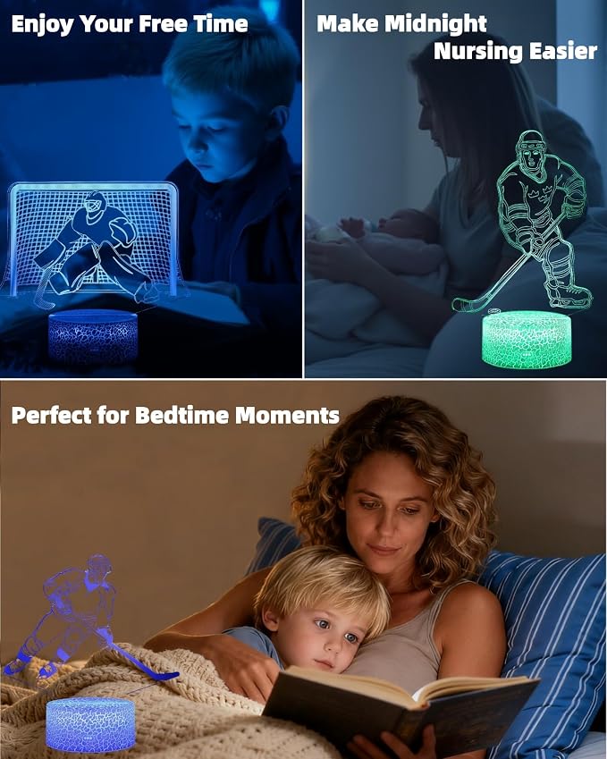 Ice Hockey Player 3D Illusion Night Light, 3 Patterns, Lamp Gift | 16 Color Changing, Dimmable, Touch & Remote Control, Room Bedroom Decor for Boy Girl, Birthday Christmas Toy Kid Teen
