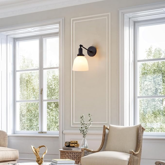 Industrial Sconces Vintage Slope Pole Wall Mount Single Sconce with 6.7" Oval Dome Milk White Glass Shade Wall Light Fixture for Livingroom Bedroom