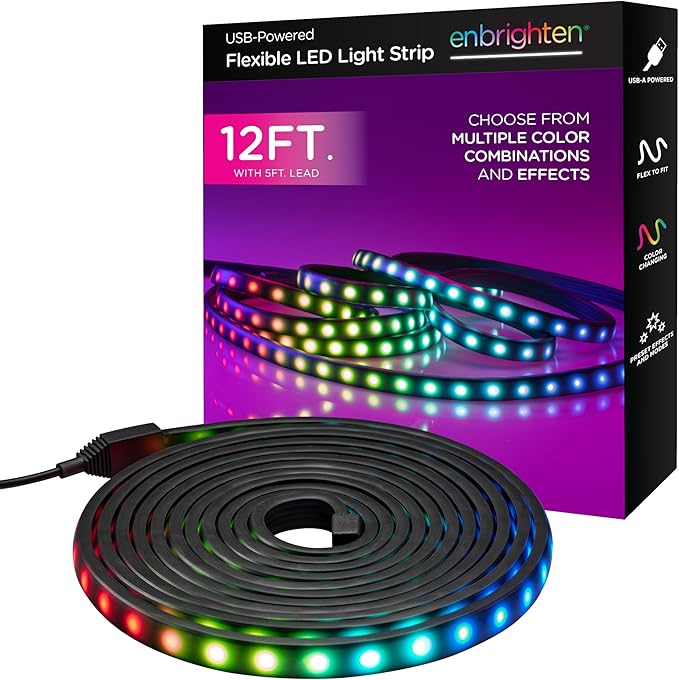 Enbrighten USB Powered RGB LED Light Strip, 12ft, Indoor LED Tape Light, Push Button, RGB, 76433
