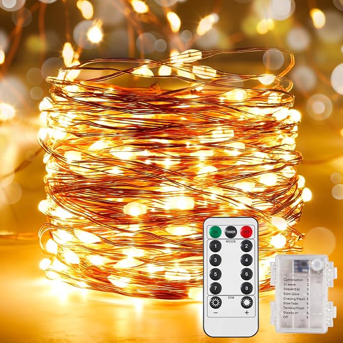 Ariceleo 4 Pack 65.6 Ft. Battery Operated Outdoor String Lights with Remote & Timer, LED Warm White Fairy Lights, Waterproof Twinkle Lights for Bedroom, Dorm, Mason Jar, Wedding, Party, Christmas