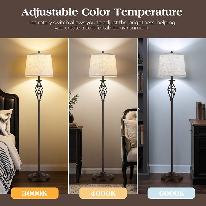 EJIAXIN Floor Lamps for Living Room - 62" Farmhouse Vintage Standing Lamp for Bedroom with Adjustable Color Temperatures,Brown Tall Lamp with Linen Shade,Reading Light for Home Office,Bulb Included