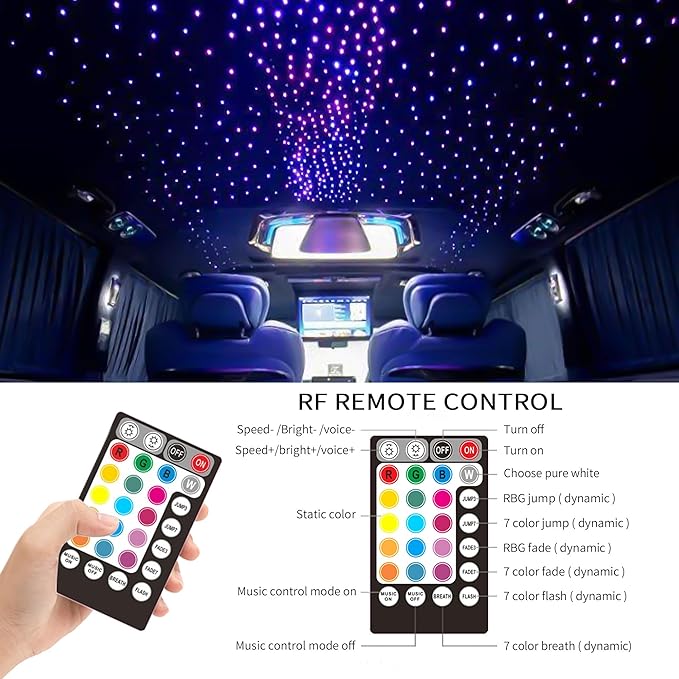 6W Fiber Optic Light Engine for Starlight Headliner, Bluetooth App/RF Remote Control with Music Mode, Car Plug & Power Adapter, PG Connector & 3 Drill Bits