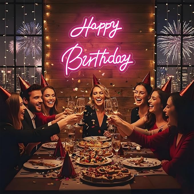 22x16.9 Inch Large Happy Birthday Neon Sign, Dimmable Pink LED Neon Light Sign for Party Backdrop, USB Wall Decor for Bedroom,Reunion,birthday