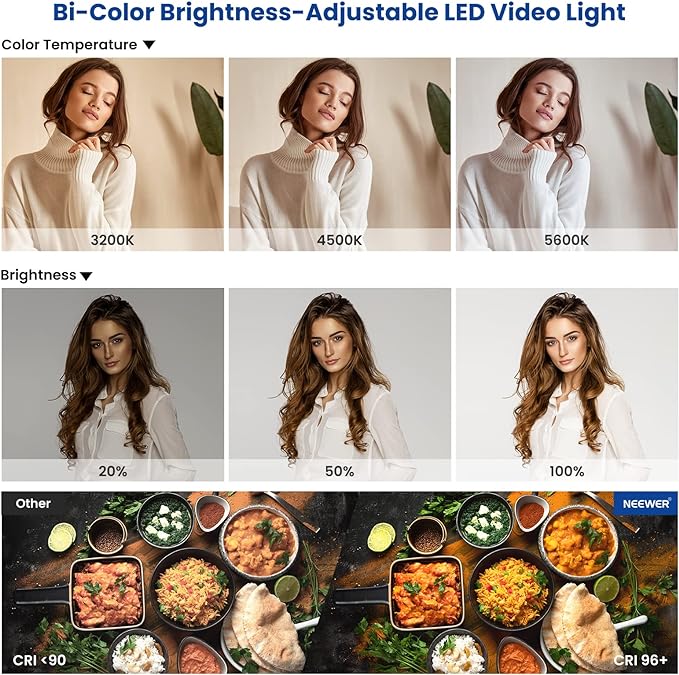 NEEWER 2 Pack Bi Color 660 LED Video Light and Stand Kit: (2) 3200-5600K CRI 96+ Dimmable Light with U Bracket and Barndoor, (2) 75 inches Light Stand for Studio Photography, Video Recording (Black)
