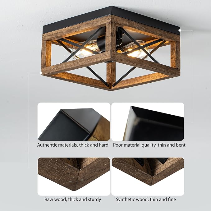 Mayful Black Farmhouse Flush Mount Ceiling Light Fixturet,2-Light Rustic Hallway Light Fixtures with Metal and Wood Design, Industrial Close to Ceiling Light Fixtures for Kitchen Entryway Foyer