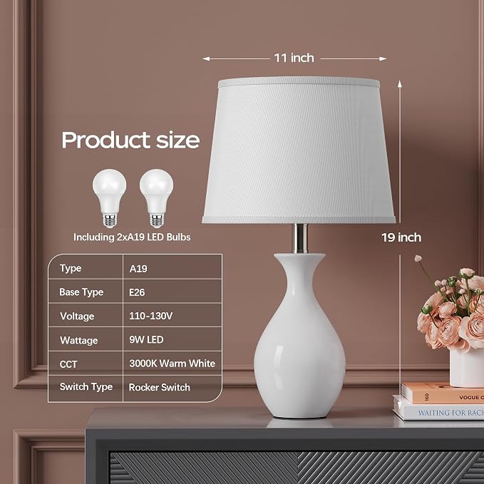 Table Lamp Set of 2, Modern Ceramic Bedside Lamps for Night Stands, Classic Small Lamp Nightstand Lamp for Bedroom Living Room Desk End Table Rocker Swtich White