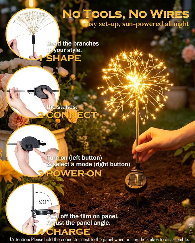 Solar Garden Lights Outdoor Yard Decorations, 4 Pack 150Leds Pathway Light, Fairy Firework Stake Lights for Garden, Patio, Pathway, Flowerbed Gold Color