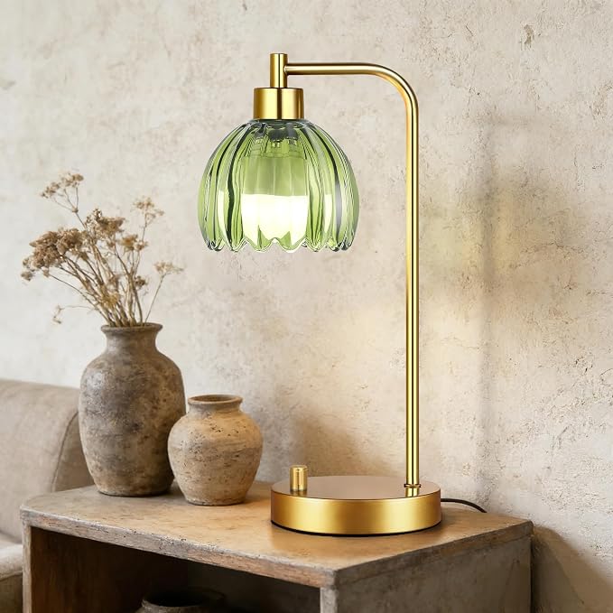 ILLMTW Green Table Lamp Set of 2,Small Glass Bedside Lamps Dimmable Boho Bedroom Lamp with Tulip Flower Lamp Shade,Gold Vintage Mid Century Modern Mini Nightstand Lamp for Bedroom Living Room