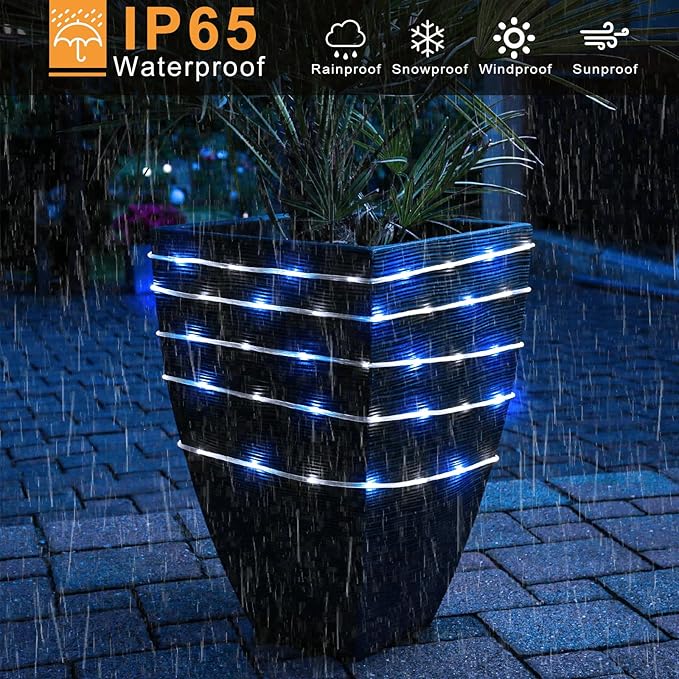 33FT 135 LED Solar Rope Lights Outdoor Waterproof, Blue and White Solar String Lights for Outside 8 Modes, Solar Powered Fairy Light for Camping Patio Garden Fence Trampoline Holiday Decorations