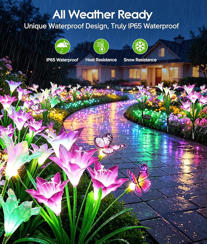 KOOPER Solar Lights Outdoor Garden Decor 6 Pack, 24 Lily Flowers and 18 Swaying Butterflies, IP65 Waterproof 7 Color Changing Solar Flower Lights for Yard Patio Pathway, Gifts for Mom Women Grandma