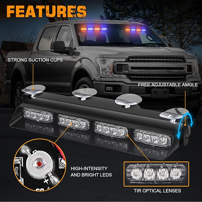 XRIDONSEN Amber Blue Emergency Dash Strobe Lights Safety Flashing Warning Hazard Interior Front/Rear Windshield Deck Split Light Bar w/Digital Display Controller for Construction Vehicles Trucks