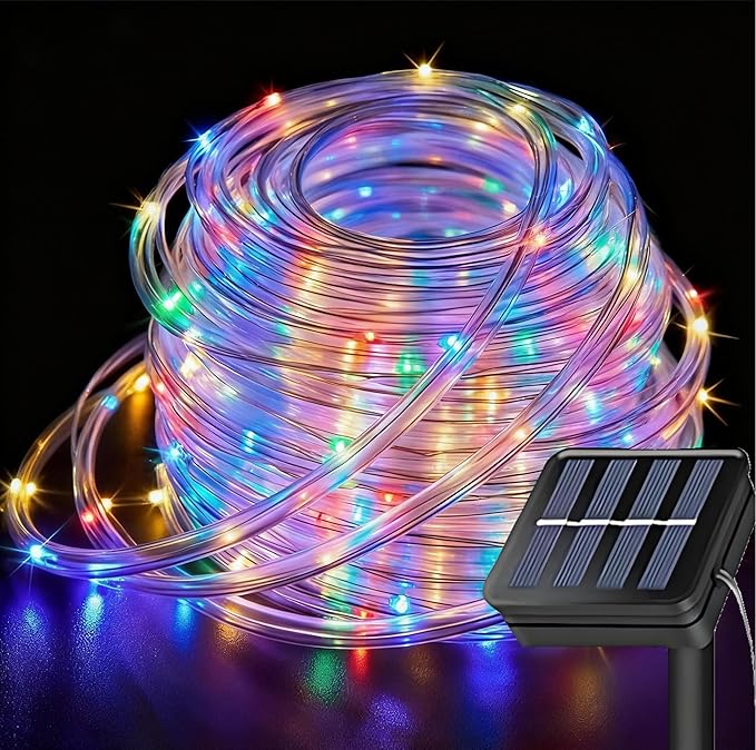 Solar Rope Lights, 66 Feet 200 LED 8 Modes Solar Rope String Lights Outdoor Fairy Lights Rope Waterproof Tube Lights with Solar Panel for Outdoor Indoor Home Decoration Garden Patio Parties