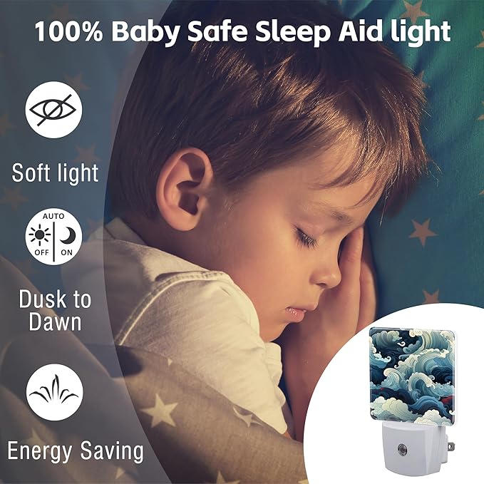 Blue White Ocean Waves Night Light Plug into Wall,Cartoon Sea Waves Dusk to Dawn Night Light Plug in,0.5w Energy Saving Sleep Friendly NightLight for Kids Boys Girls Home Decor