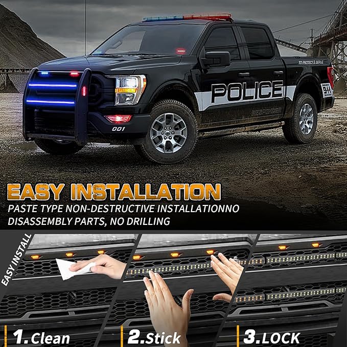 XRIDONSEN 2PCS 30 inch Blue Grill Emergency Lights Strip 360 LED Firefighter Police Lights Exterior Front/Rear Grille Strobe Flashing Warning Safety First Responder Lights for Vehicles Trucks Car