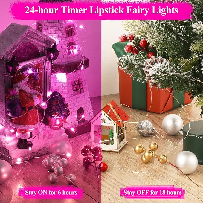 16FT(5M) Pink Copper Wire Fairy Lights, Rechargeable Battery Operated String Lights with Timer, 8 Modes Waterproof Mini LED Twinkle Lights for Bedroom Christmas Wedding Centerpiece Table Decor